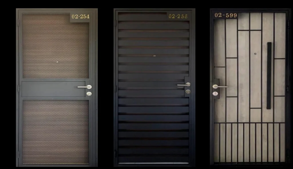 Three black metal HDB main gates in Singapore: mesh-panel design on the left (unit 02-254), solid horizontal bar style in the centre (unit 02-256), and geometric vertical-horizontal grille pattern on the right (unit 02-599).