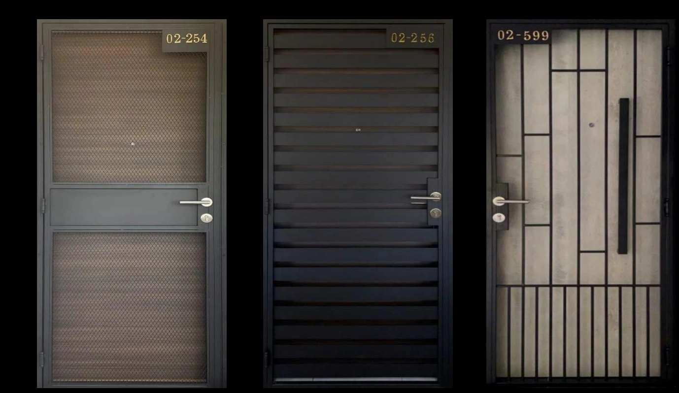 Three black metal HDB main gates in Singapore: mesh-panel design on the left (unit 02-254), solid horizontal bar style in the centre (unit 02-256), and geometric vertical-horizontal grille pattern on the right (unit 02-599).