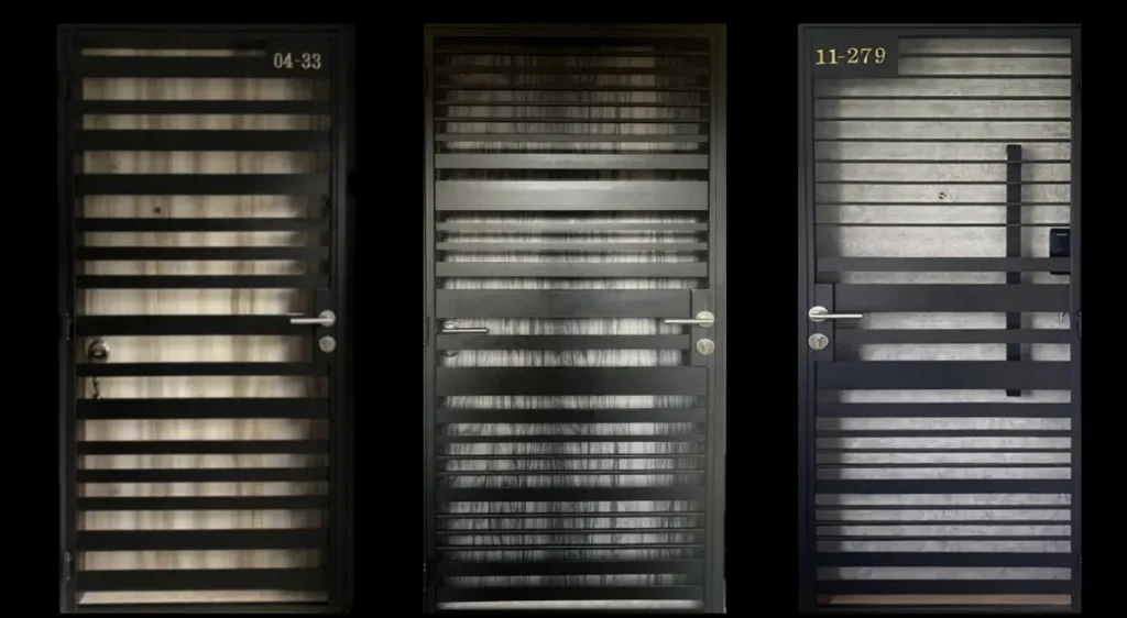 Three black metal HDB main gates in Singapore with horizontal bar designs: classic horizontal slats on the left (unit 04-33), denser horizontal bars in the centre, and horizontal bars with a vertical accent on the right (unit 11-279).