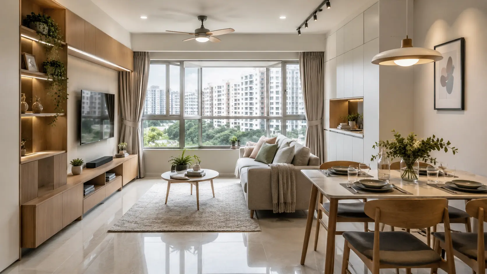 Bright and stylish HDB flat interior in Singapore featuring an open-concept living and dining space with light wood furniture, neutral sofa, large windows overlooking high-rise buildings, and minimalist décor.