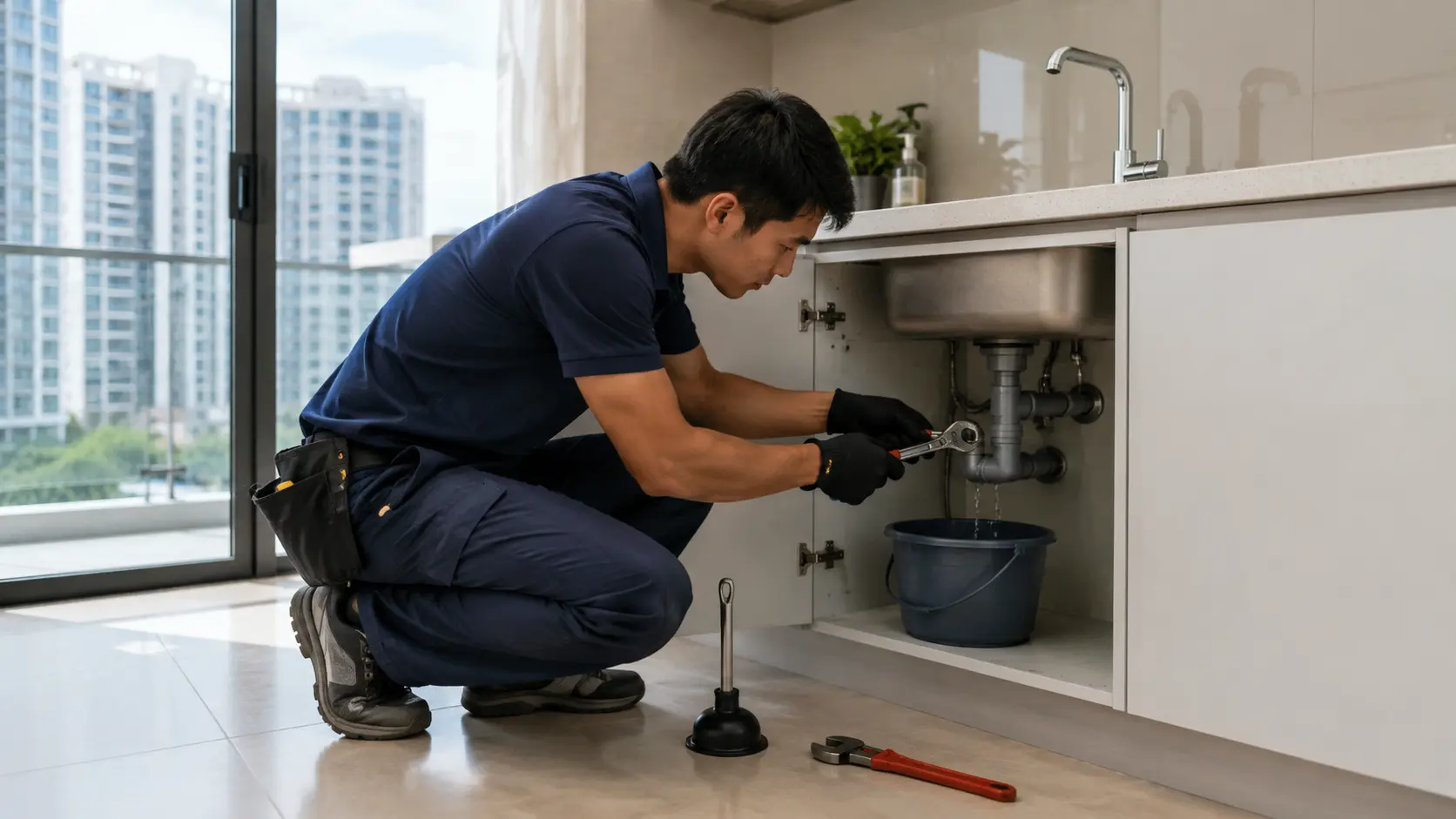 Professional plumber in blue uniform kneeling under a modern kitchen sink, using a wrench to repair pipes while water drips into a blue bucket, with high-rise buildings visible through the window.