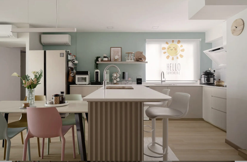 Soft pastel hues in an open concept kitchen
