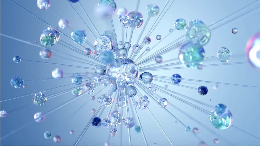 3D visualization of interconnected translucent spheres linked by thin rods in a radiating molecular pattern against a soft blue background, symbolizing the structure of scientific knowledge and inquiry.
