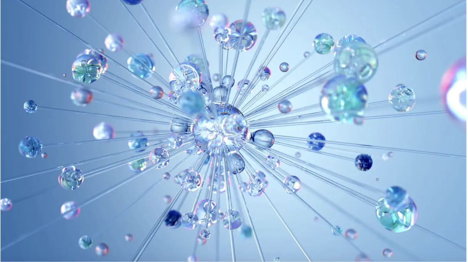 3D visualization of interconnected translucent spheres linked by thin rods in a radiating molecular pattern against a soft blue background, symbolizing the structure of scientific knowledge and inquiry.